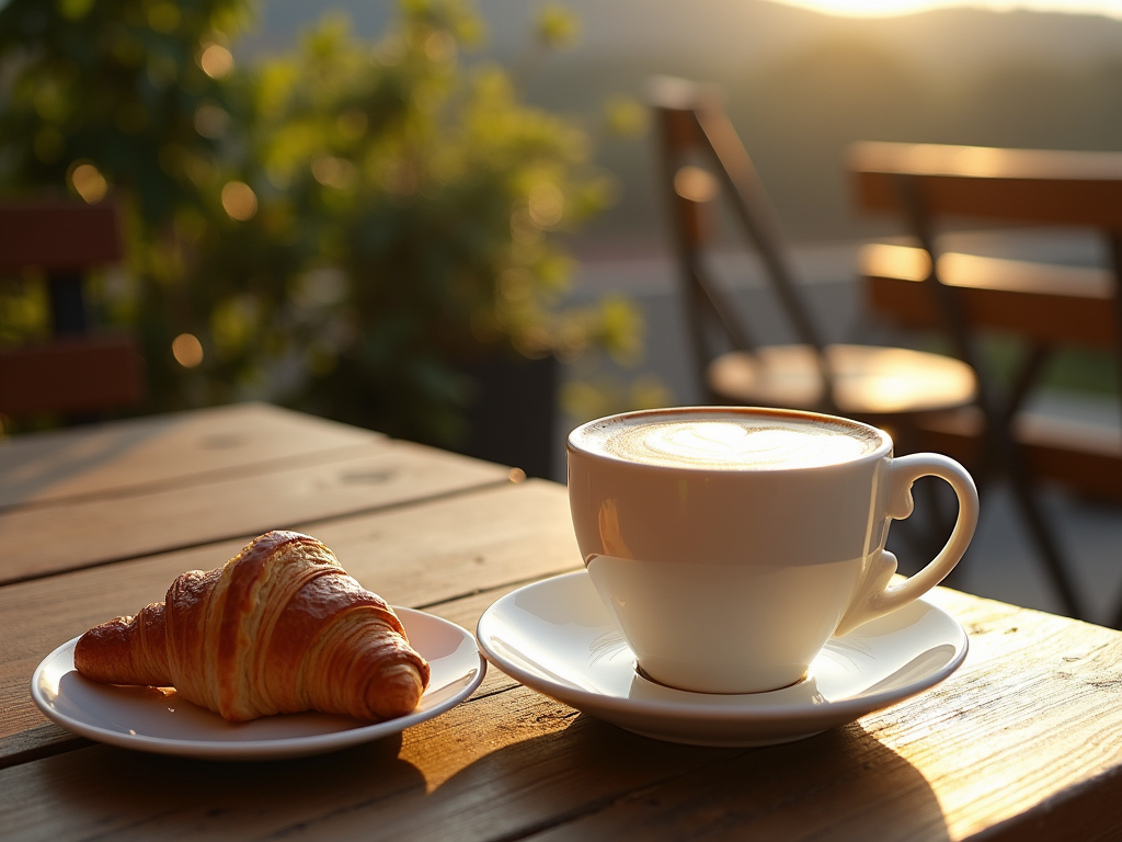 Cup of coffee and croissant on a sunny terrace